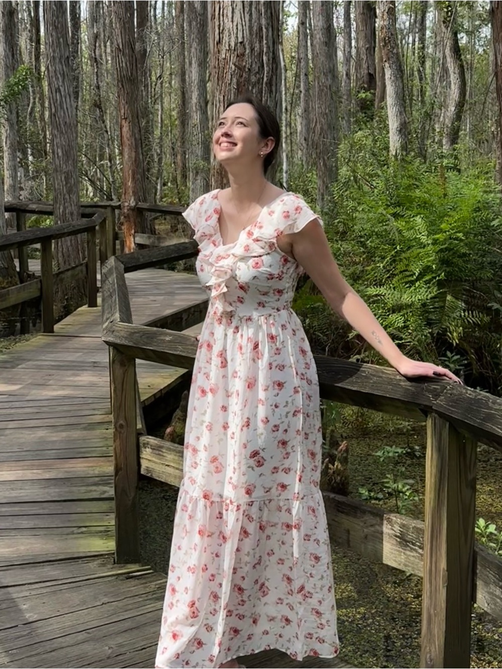 Floral White & Pink Maxi Dress with Ruffle Neckline